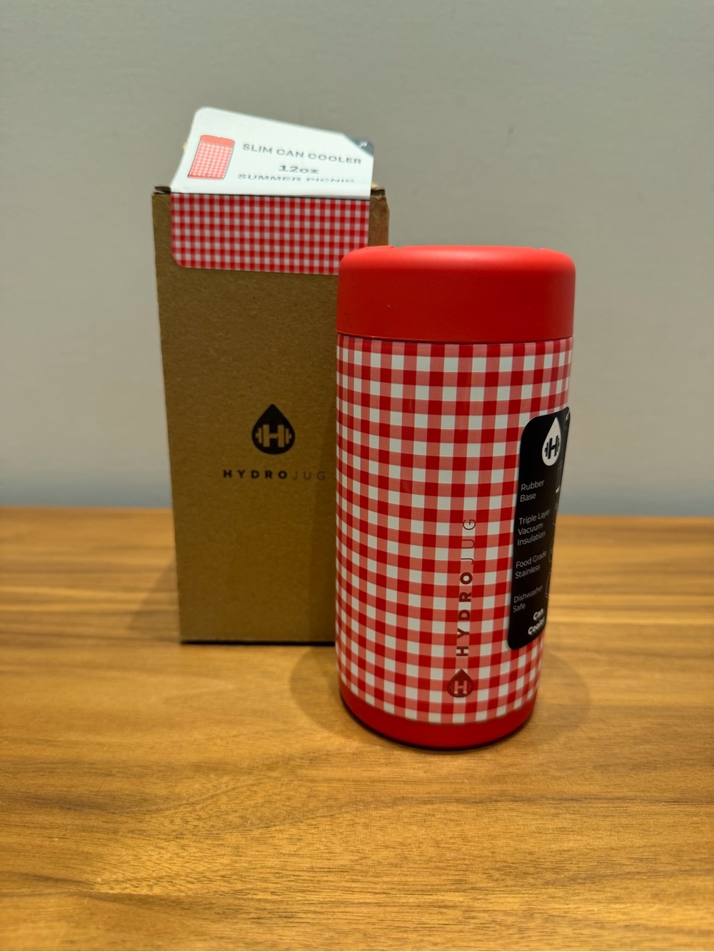 HydroJug Red Gingham Slim Can Cooler